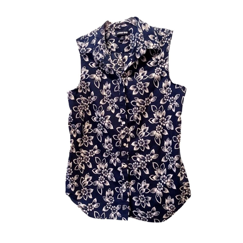 Lands' End Navy Floral Sleeveless Button Up Cotton Blouse Size 10T Summer Beach